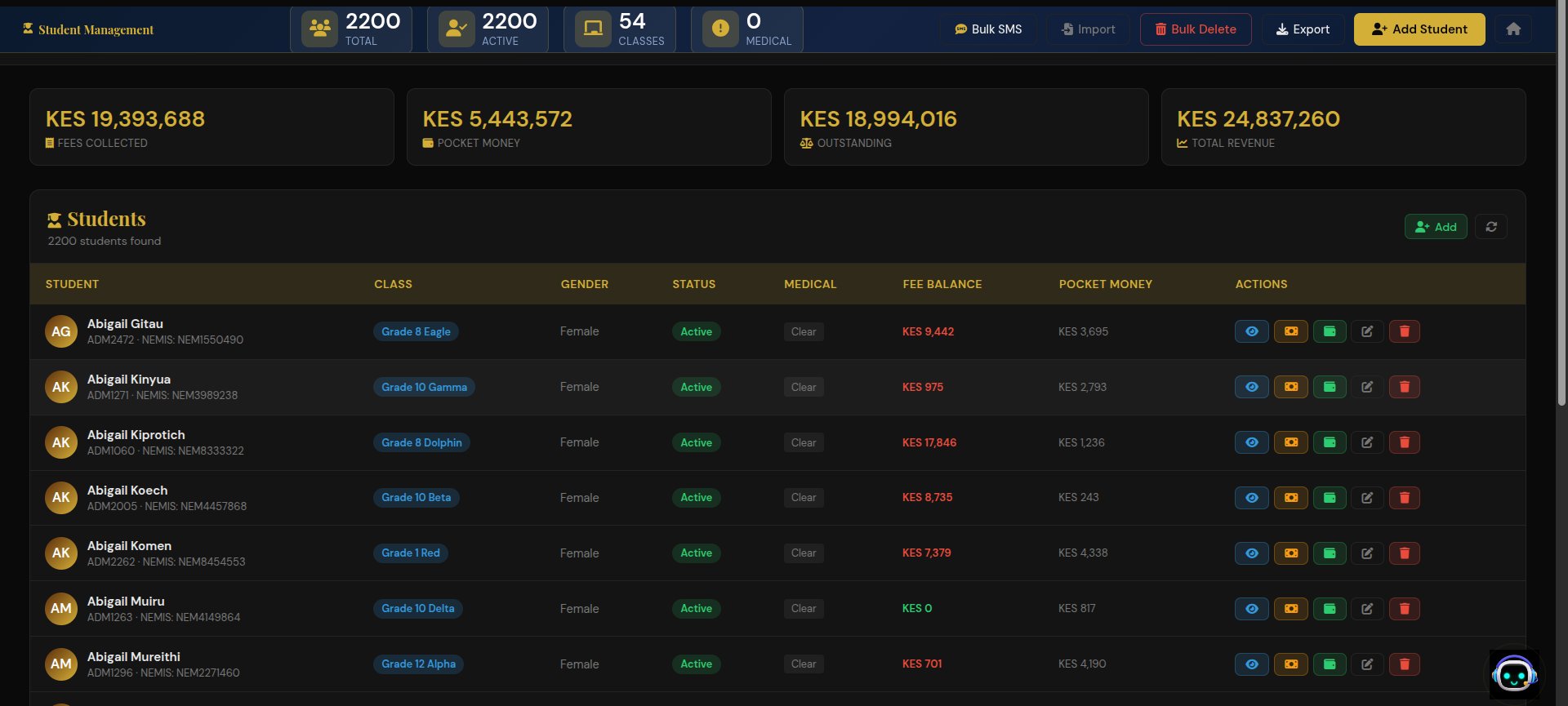 Student Management — 2200 students, NEMIS, fee balances, bulk actions